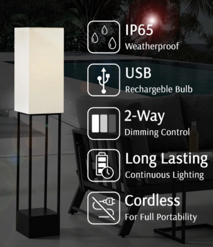 Quinlan Modern LED Outdoor Floor Lamp - Wireless, Rechargeable, and Dimmable Waterproof Exterior Fixture - Midcentury Modern Lighting by Practical Props