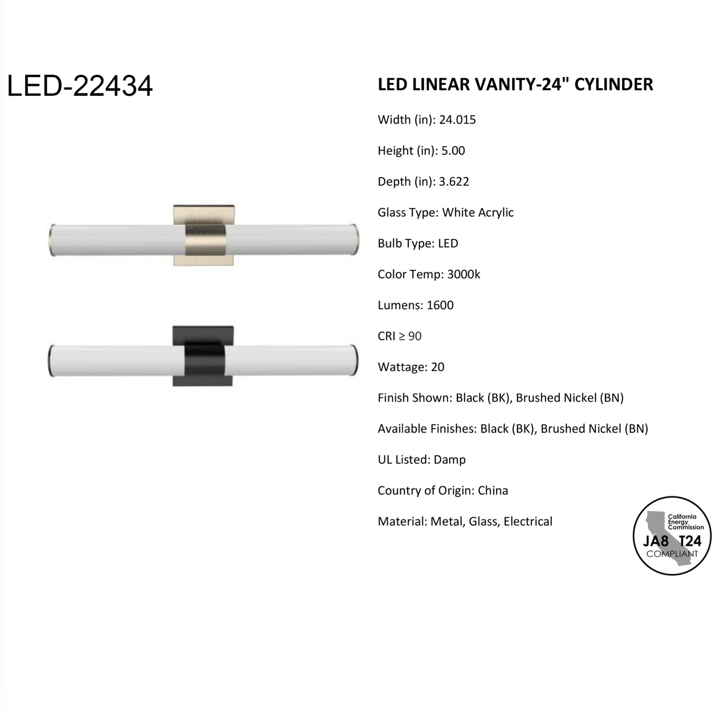 Ackerman 24" LED Linear Cylinder Vanity Wall Sconce in Satin Black or Brushed Nickel