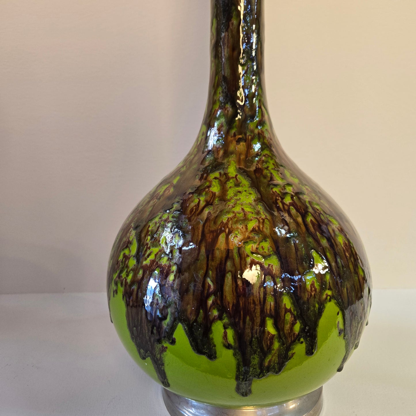 Pair of Large Green & Brown Vintage Glazed Ceramic Table Lamps