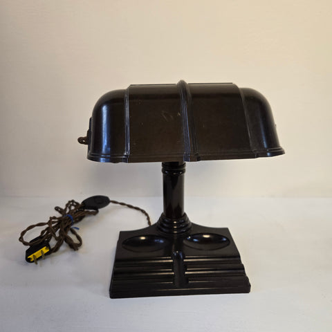 Antique 1920s Brown Bakelite Banker-Style Desk Lamp with Organizer & Pen Holder