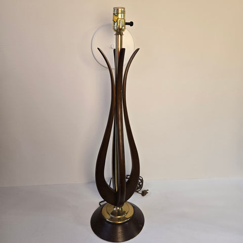 1960's Vintage Curved Wood & Polished Brass Mid Century Table Lamp