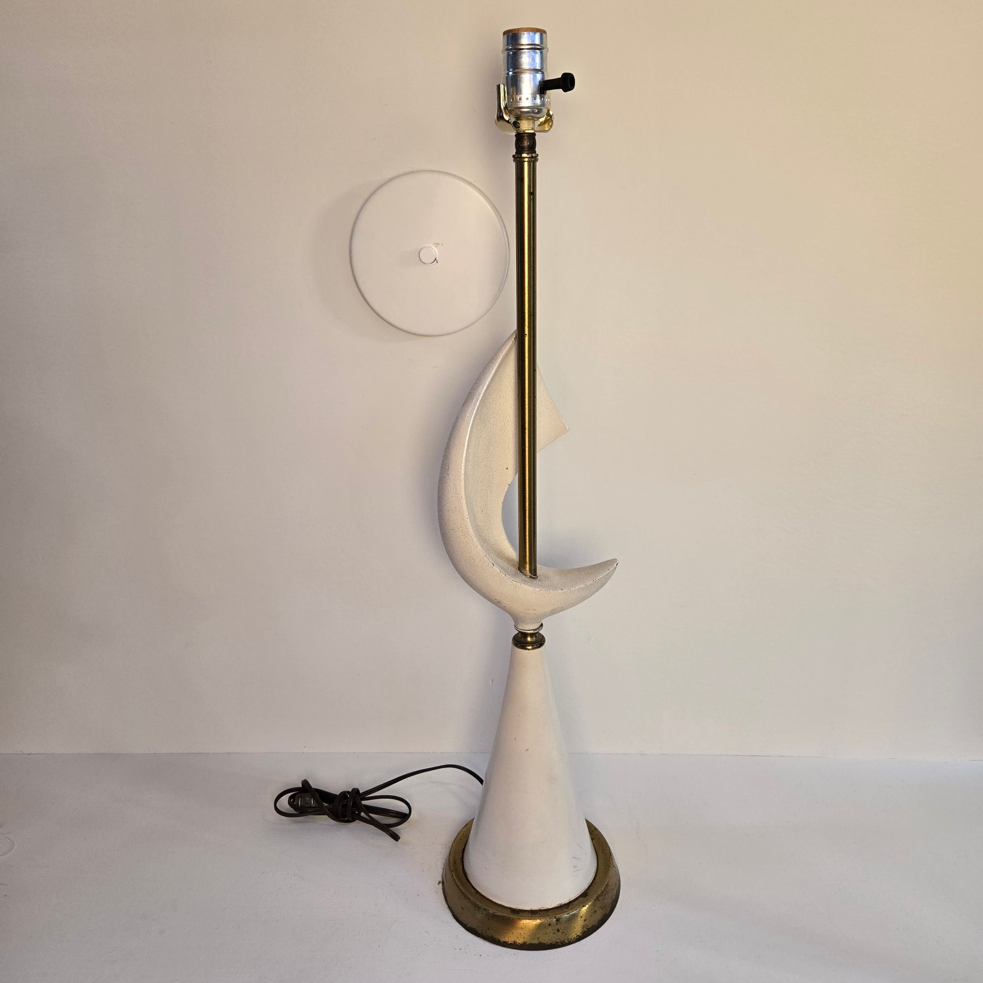 Pair of Vintage Geometric White Ceramic & Brass Mid Century Modern Table Lamps