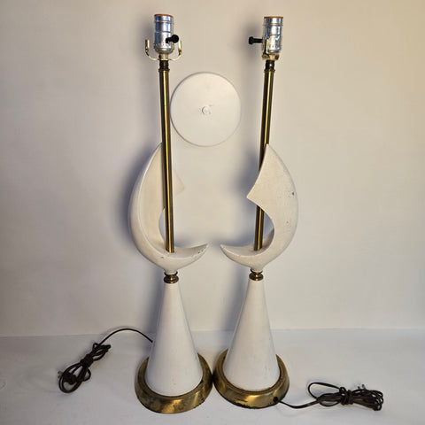 Pair of Vintage Geometric White Ceramic & Brass Mid Century Modern Table Lamps