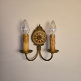 Set of 3 Vintage 1930s 2-Arm Hand-Painted Gold & Floral Brass Candlestick Wall Sconces