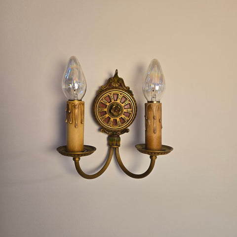 Set of 3 Vintage 1930s 2-Arm Hand-Painted Gold & Floral Brass Candlestick Wall Sconces