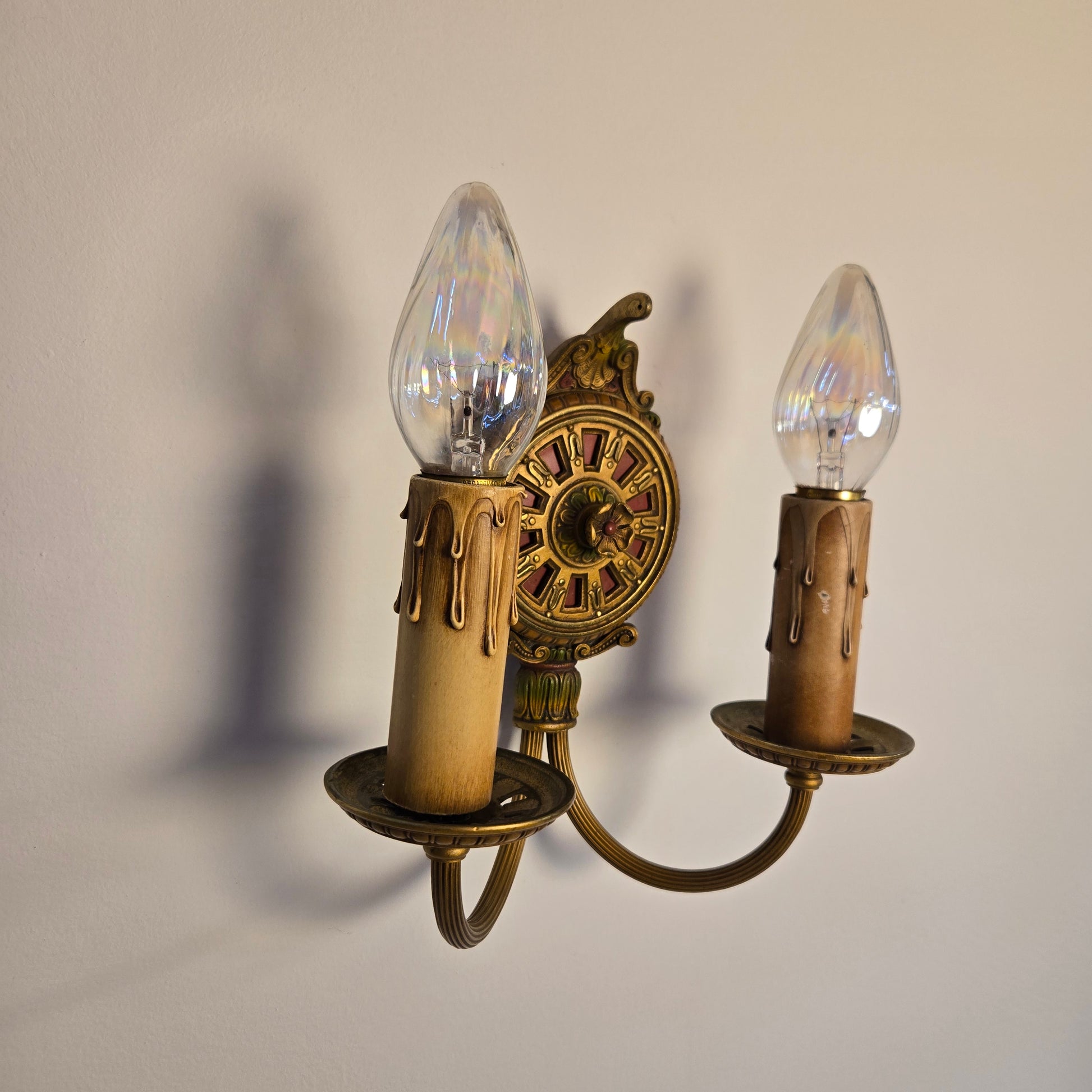Set of 3 Vintage 1930s 2-Arm Hand-Painted Gold & Floral Brass Candlestick Wall Sconces