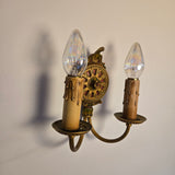 Set of 3 Vintage 1930s 2-Arm Hand-Painted Gold & Floral Brass Candlestick Wall Sconces