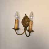 Set of 3 Vintage 1930s 2-Arm Hand-Painted Gold & Floral Brass Candlestick Wall Sconces
