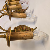 Set of 3 Vintage 1930s 2-Arm Hand-Painted Gold & Floral Brass Candlestick Wall Sconces