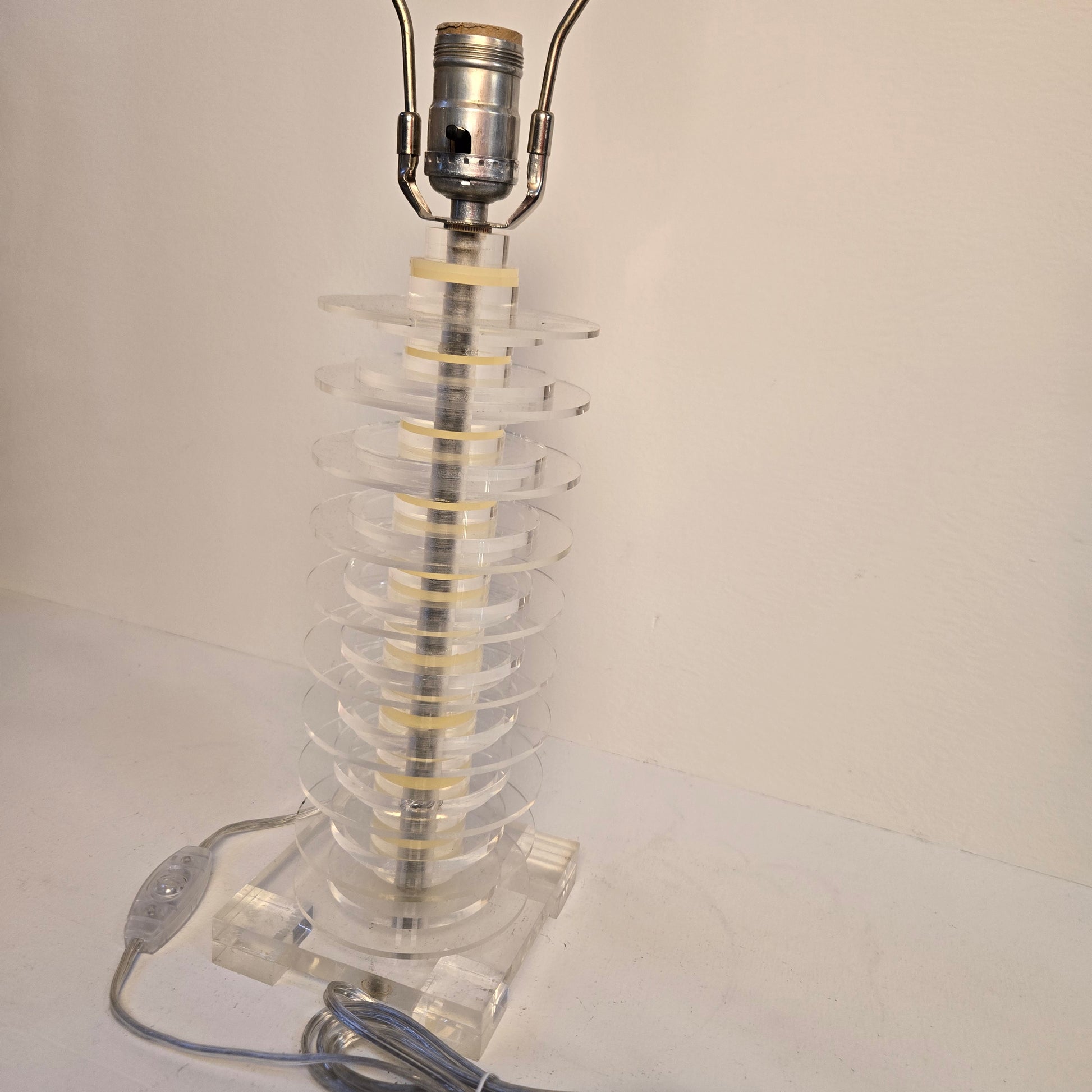 Paid of Vintage Stacked Clear Lucite Acrylic Modern Table Lamps