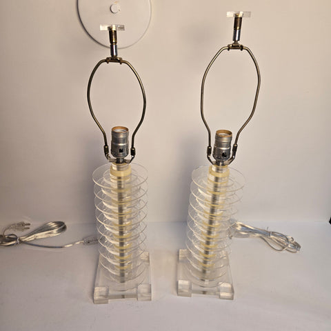Paid of Vintage Stacked Clear Lucite Acrylic Modern Table Lamps