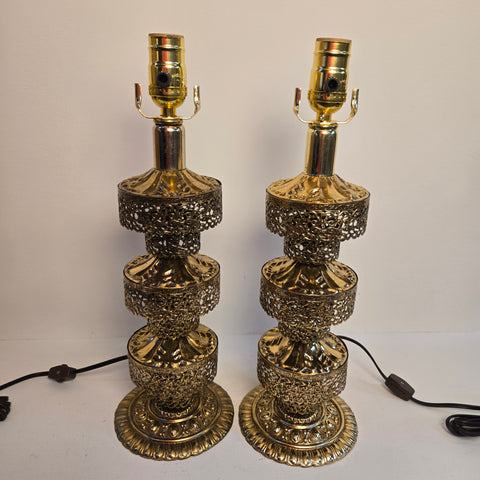 Pair of Vintage Gold Hollywood Regency Pierced Brass Table Lamps
