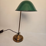 Vintage Antique Brass Adjustable Desk Lamp with Green Painted Metal Parabolic Shade