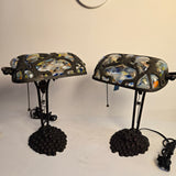 Vintage Tiffany-Style Glass & Aged Bronze Grape Design Banker's Desk Lamps