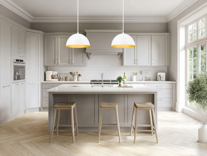Vega 16" Modern Dome Pendant Light in Matte Black or White with Gold Lining - Midcentury Lighting by Practical Props