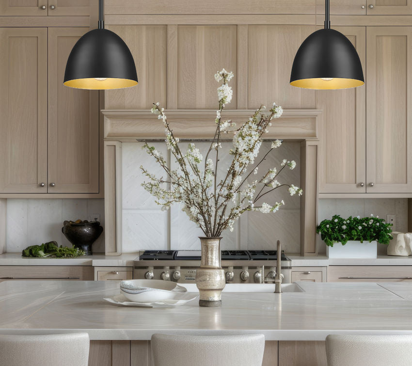 Vega 8" Modern Dome Pendant Light in Matte Black or White with Gold Lining - Midcentury Lighting by Practical Props