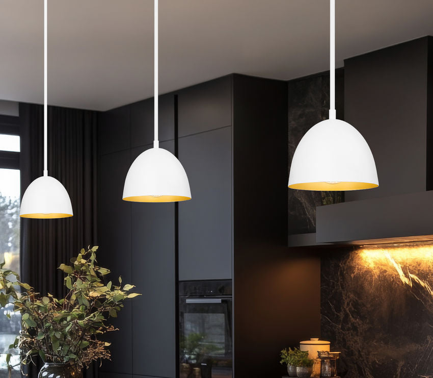 Vega 8" Modern Dome Pendant Light in Matte Black or White with Gold Lining - Midcentury Lighting by Practical Props