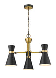 Soriano 3-Light Mid Century Cone Chandelier Pendant in Black + Brass
