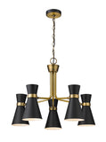 Soriano 5-Light Mid Century Cone Chandelier Pendant in Black + Brass