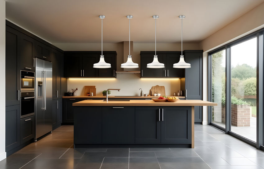 Reznor 12" Vintage-Style Fluted Glass Pendant in Matte Black, Brushed Nickel, and Modern Gold - Midcentury Lighting by Practical Props
