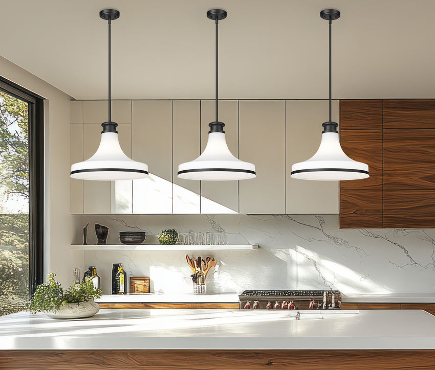 Reznor 16" Vintage-Style Fluted Glass Pendant in Matte Black, Brushed Nickel, and Modern Gold - Midcentury Lighting by Practical Props