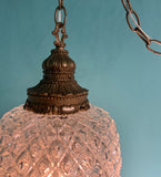 Vintage Hollywood Regency Clear Glass Globe Pendant - Antique Brass and Cut Crystal  Glass Plug-In Swag Lamp