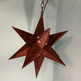 Vintage Handmade Moroccan-style Pierced Metal Hanging Star Lantern Pendant Light with Rainbow Glass Inlays