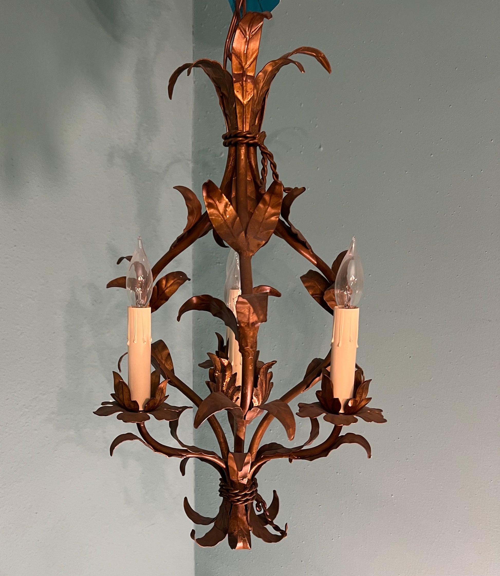 Vintage 1960s Italian Tole 4-Light Gold Leaf Floral Chandelier MCM Pendant