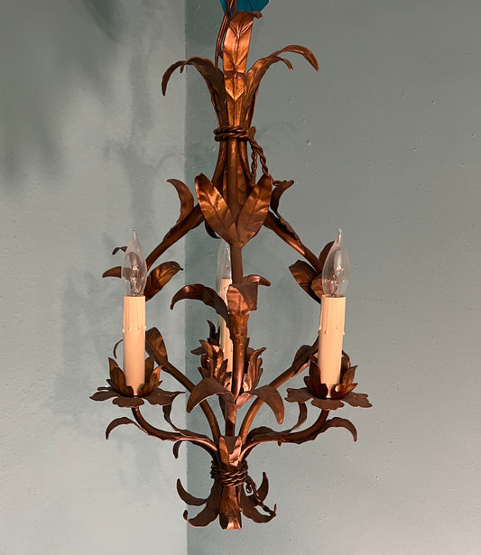 Vintage 1960s Italian Tole 4-Light Gold Leaf Floral Chandelier MCM Pendant