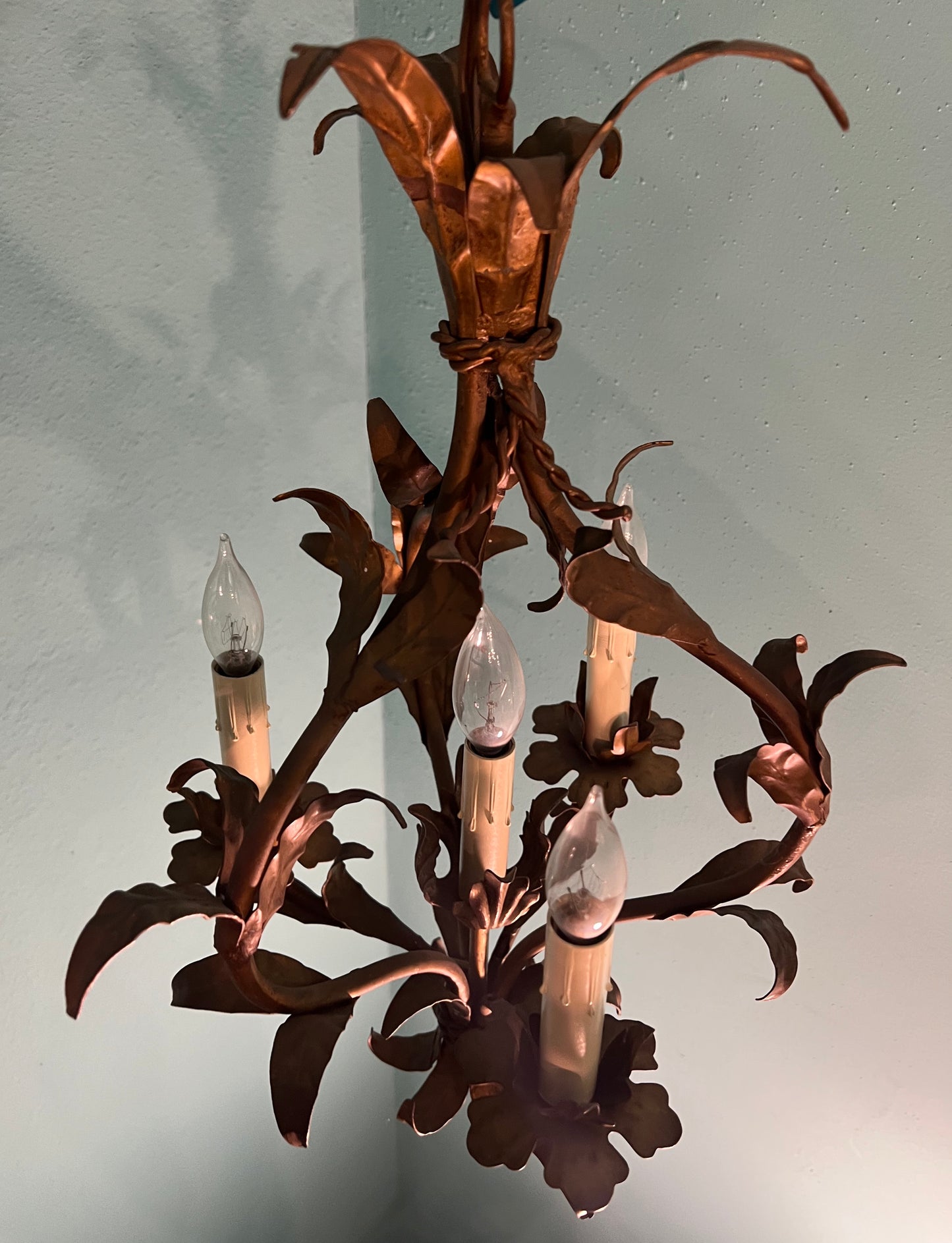 Vintage 1960s Italian Tole 4-Light Gold Leaf Floral Chandelier MCM Pendant