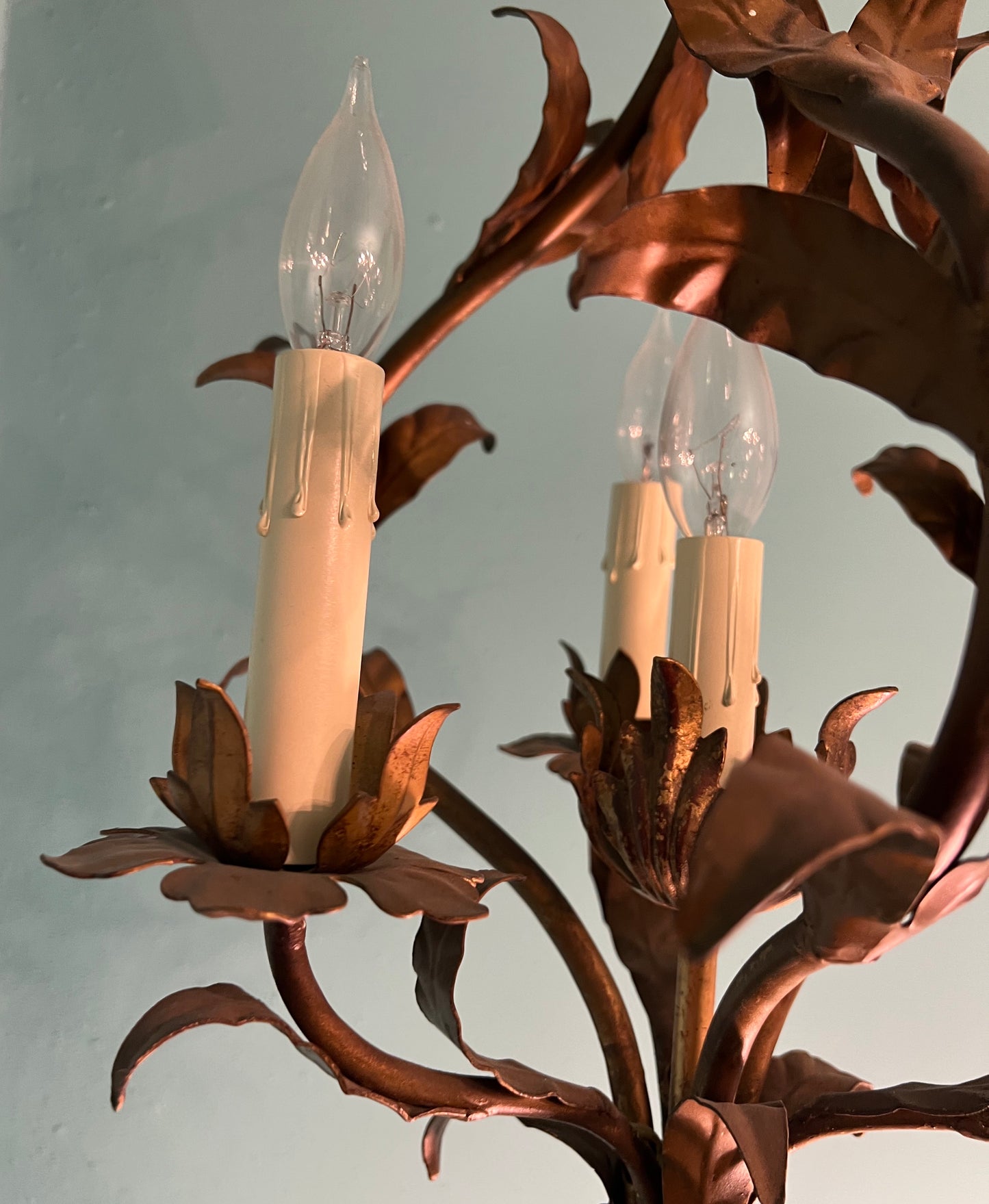 Vintage 1960s Italian Tole 4-Light Gold Leaf Floral Chandelier MCM Pendant