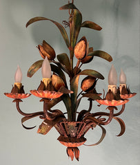 Vintage 1960s Italian Tole 5-Light Painted Floral Chandelier MCM Pendant