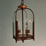 Vintage 1950s 1960s Brass Hanging Lantern Pendant with Etched Glass Panels.