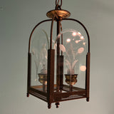 Vintage 1950s 1960s Brass Hanging Lantern Pendant with Etched Glass Panels.