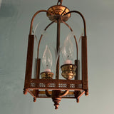 Vintage 1950s 1960s Brass Hanging Lantern Pendant with Etched Glass Panels.