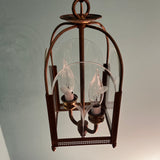 Vintage 1950s 1960s Brass Hanging Lantern Pendant with Etched Glass Panels.