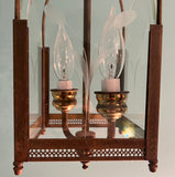 Vintage 1950s 1960s Brass Hanging Lantern Pendant with Etched Glass Panels.