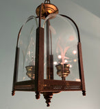 Vintage 1950s 1960s Brass Hanging Lantern Pendant with Etched Glass Panels.