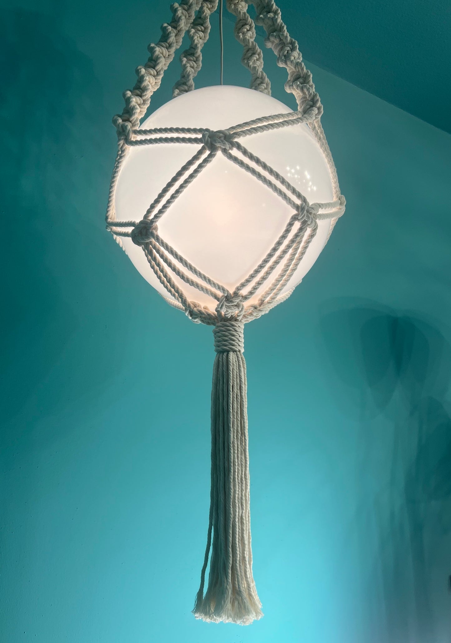 12" Acrylic Globe Swag Pendant Light with Handmade Macrame Holder by Practical Props