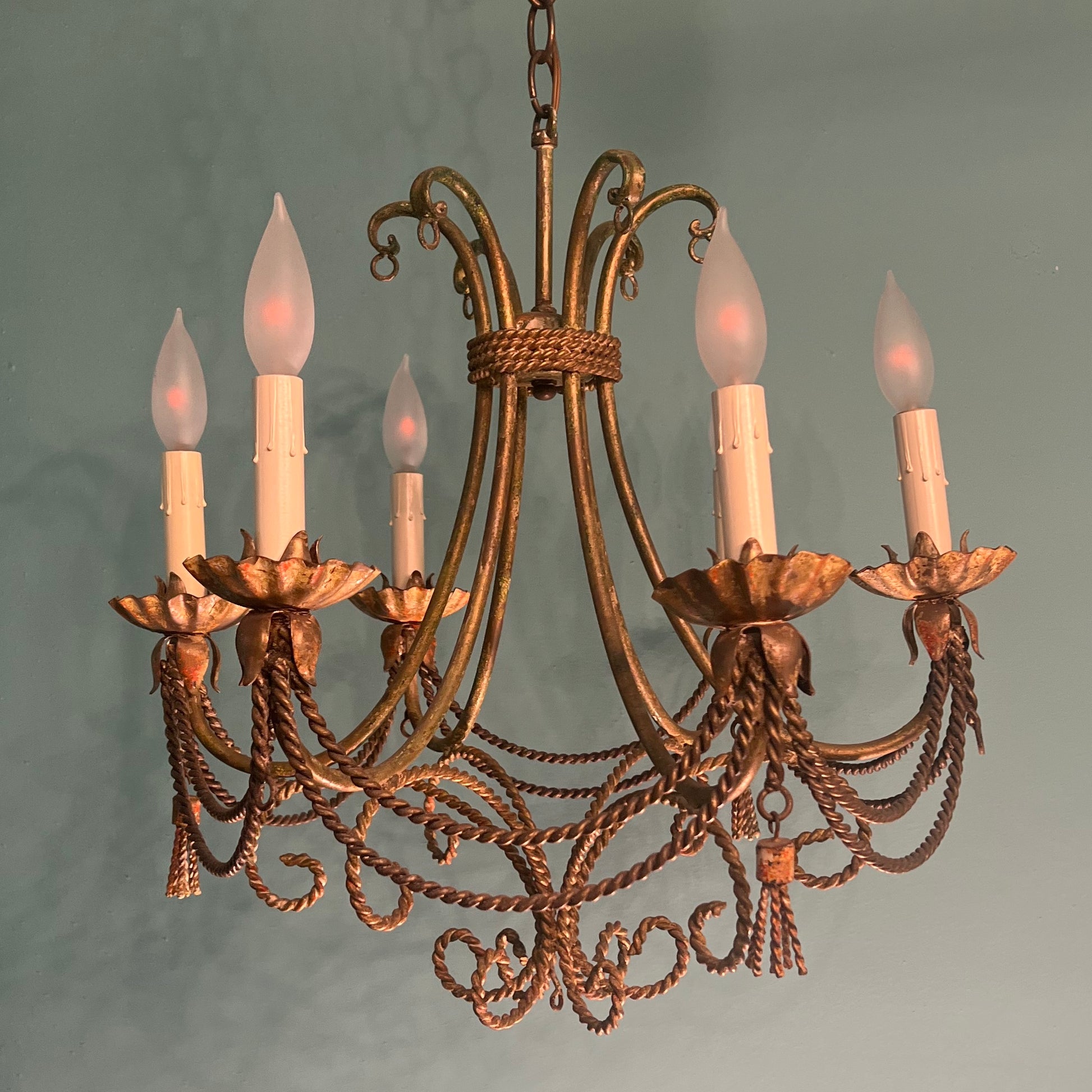 Vintage Italian Tole Hand-Painted 6-light Gilt Chandelier with Tassels and Patina