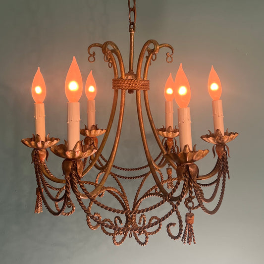 Vintage Italian Tole Hand-Painted 6-light Gilt Chandelier with Tassels and Patina
