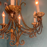 Vintage Italian Tole Hand-Painted 6-light Gilt Chandelier with Tassels and Patina