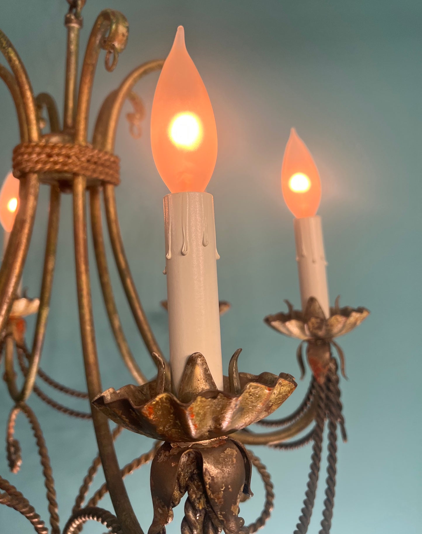 Vintage Italian Tole Hand-Painted 6-light Gilt Chandelier with Tassels and Patina