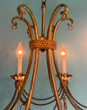 Vintage Italian Tole Hand-Painted 6-light Gilt Chandelier with Tassels and Patina
