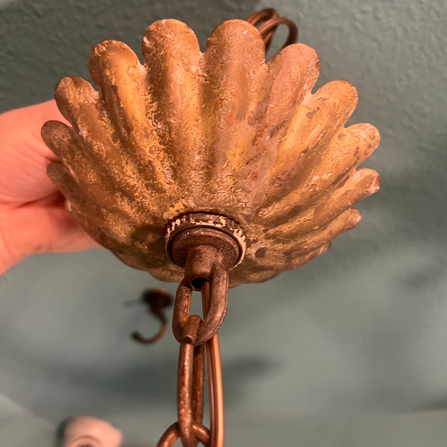 Vintage Italian Tole Hand-Painted 6-light Gilt Chandelier with Tassels and Patina