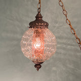 Pair of Vintage Hollywood Regency Clear Glass Globe Pendants - Antique Brass and Crystal Bubble Glass Plug-In Swag Lamps