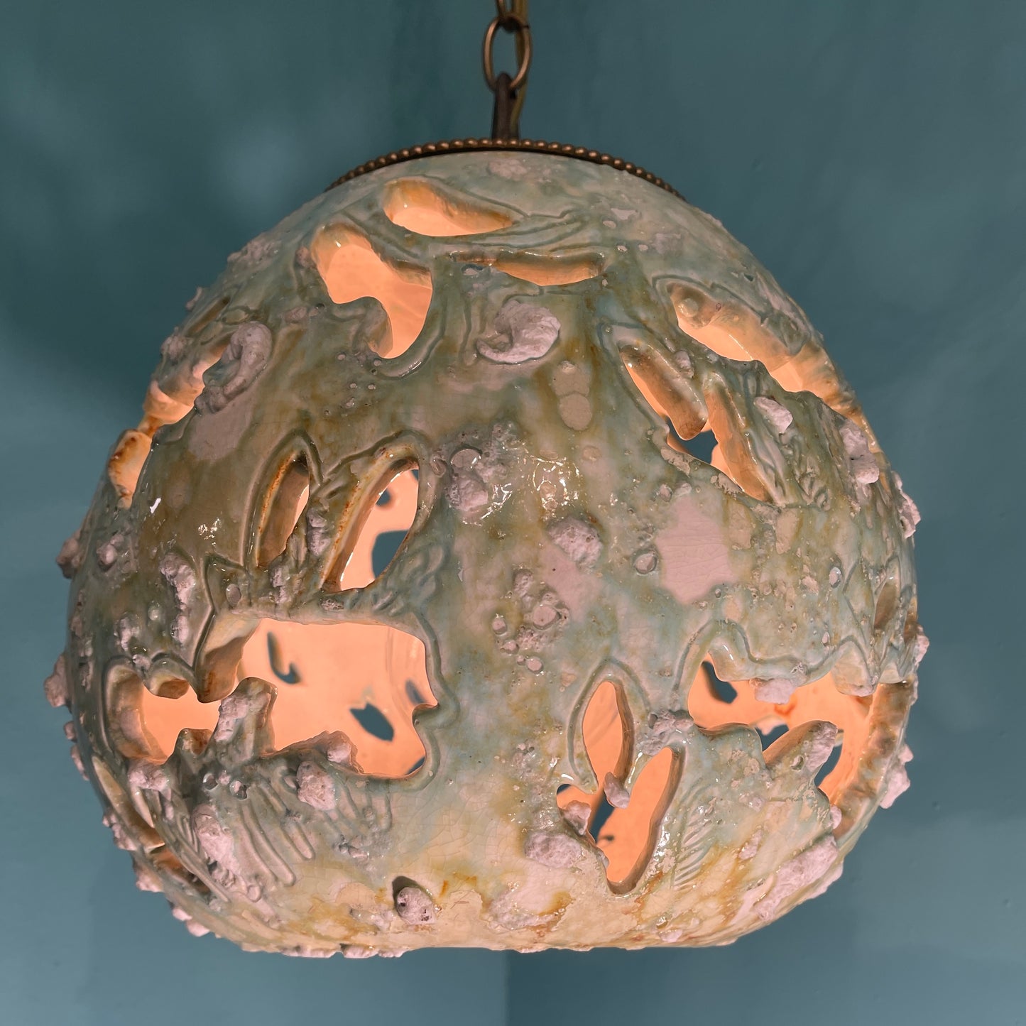 Vintage Handblown Blue & Green Ceramic Textured Pendant Light with Brass Plug-In Swag Hardware
