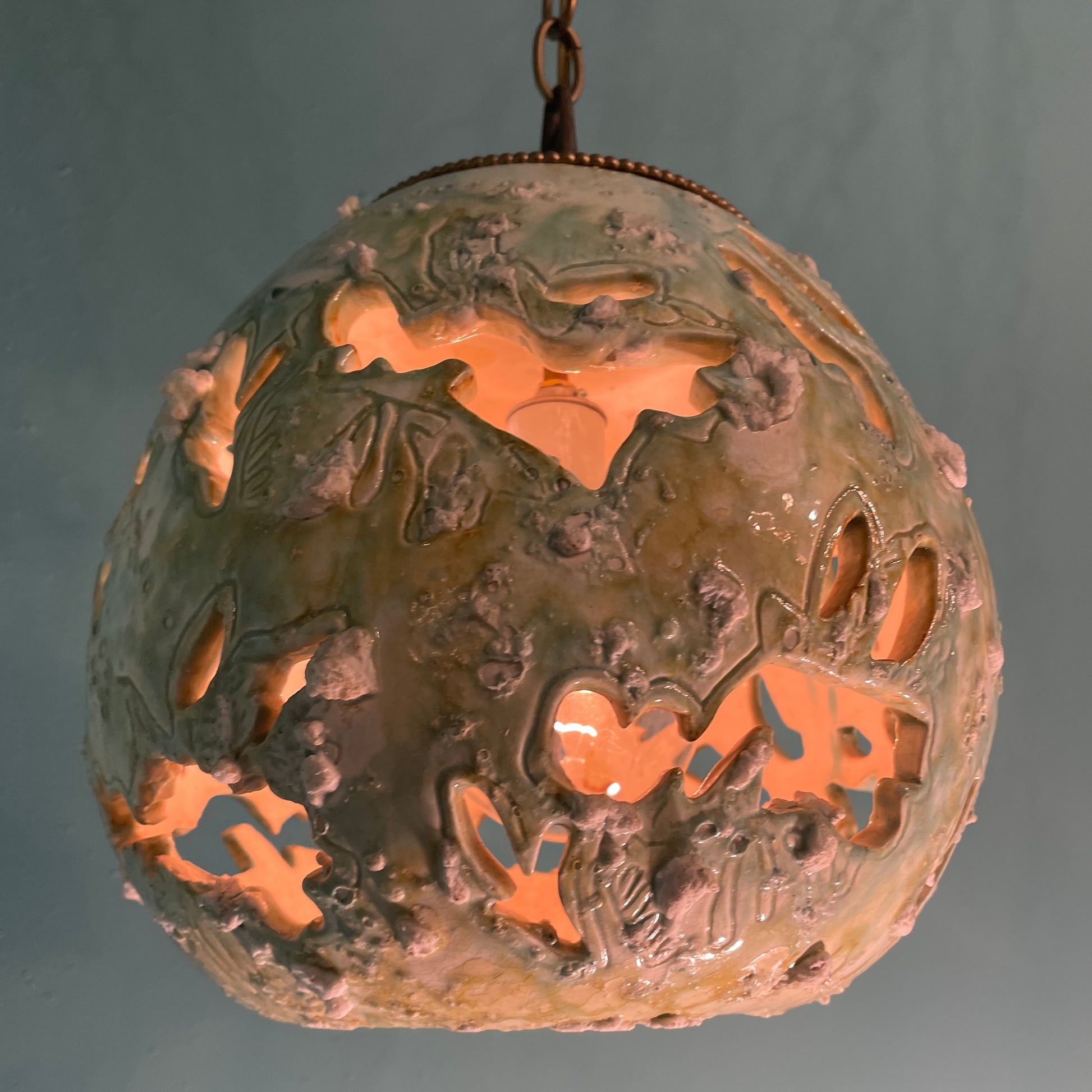 Vintage Handblown Blue & Green Ceramic Textured Pendant Light with Brass Plug-In Swag Hardware