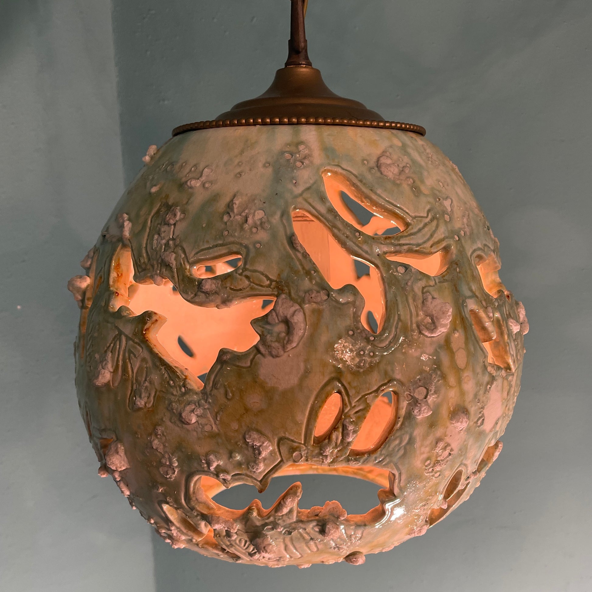 Vintage Handblown Blue & Green Ceramic Textured Pendant Light with Brass Plug-In Swag Hardware