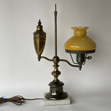 Vintage Early American Oil Lamp Brass Table Lamp with Marble Base and Honey Caramel Student Glass Shade